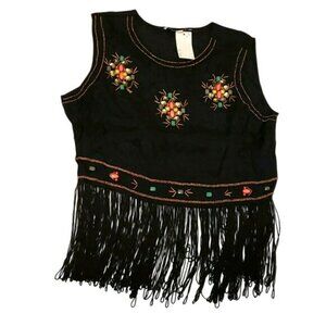 In Luv Boho Shabby Chic Fringe Sleeveless Tank Top Black Women Medium M NWT